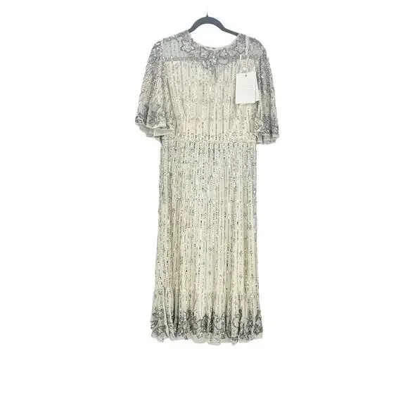 Mac Duggal Women's Nude Silver Sequined Flounce Sleeve Midi Dress Size 6 NWT - Picture 8 of 13